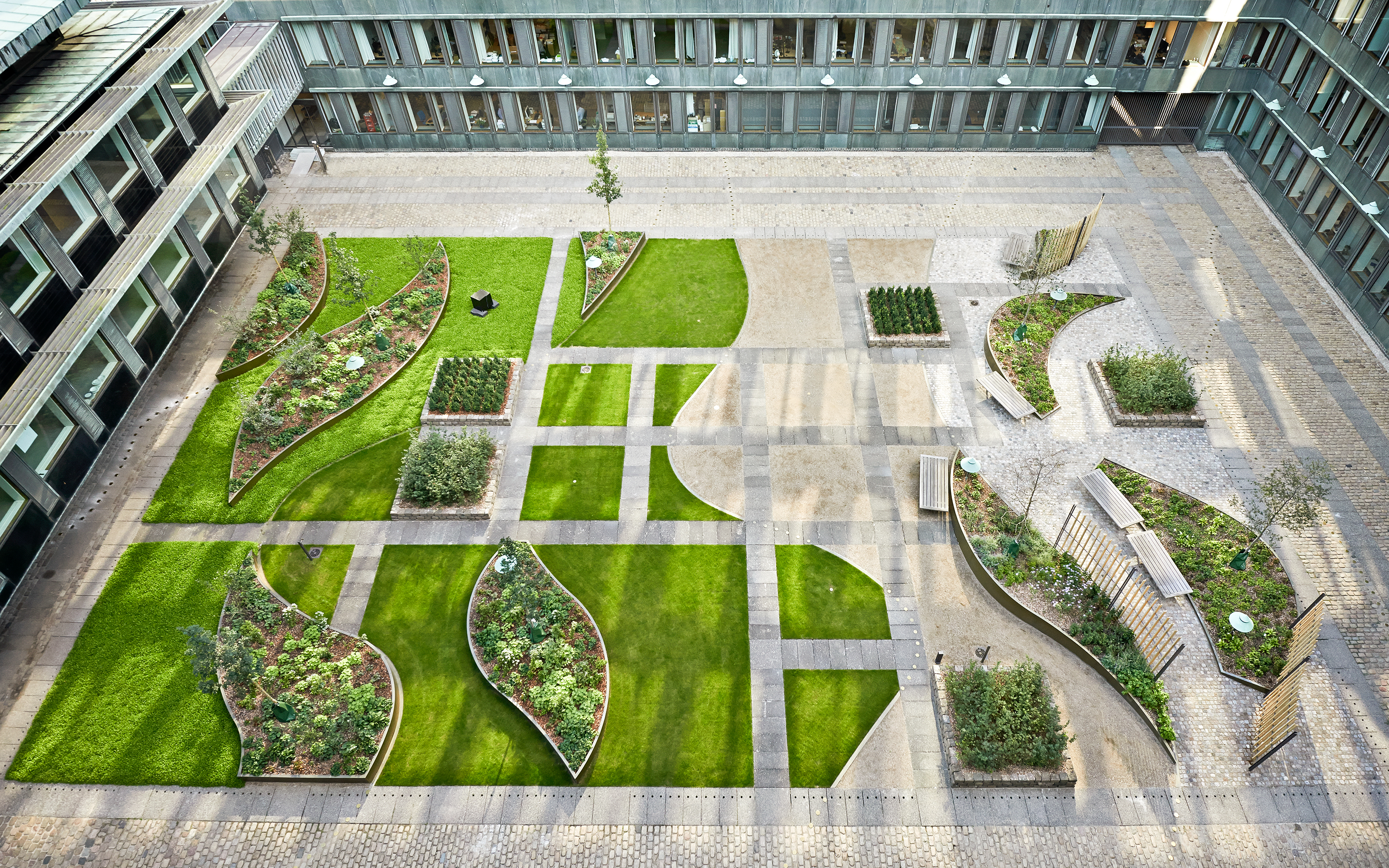 Courtyard with walking areas, lawn and plant beds with shrubs and small trees